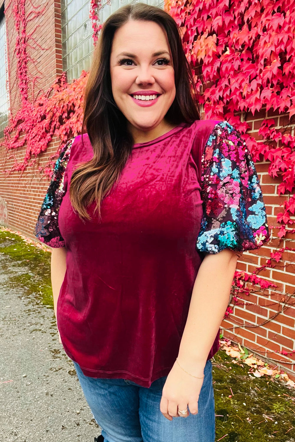 Diva Dreams Wine Floral Sequin Puff Sleeve Velvet Tops | Nikki &amp; Co. Boutique