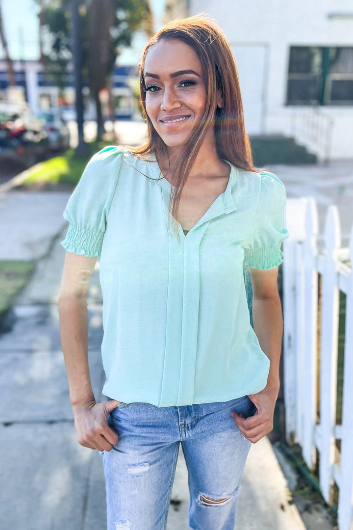 Elegant You Lilac Notched Neck Smocked Shorts Sleeve Blouse - Nikki &amp; Co. Boutique