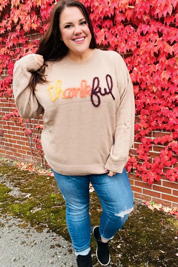 Feeling Thankful Taupe Pop Up Glittery Embroidery Sweater | Nikki &amp; Co. Boutique