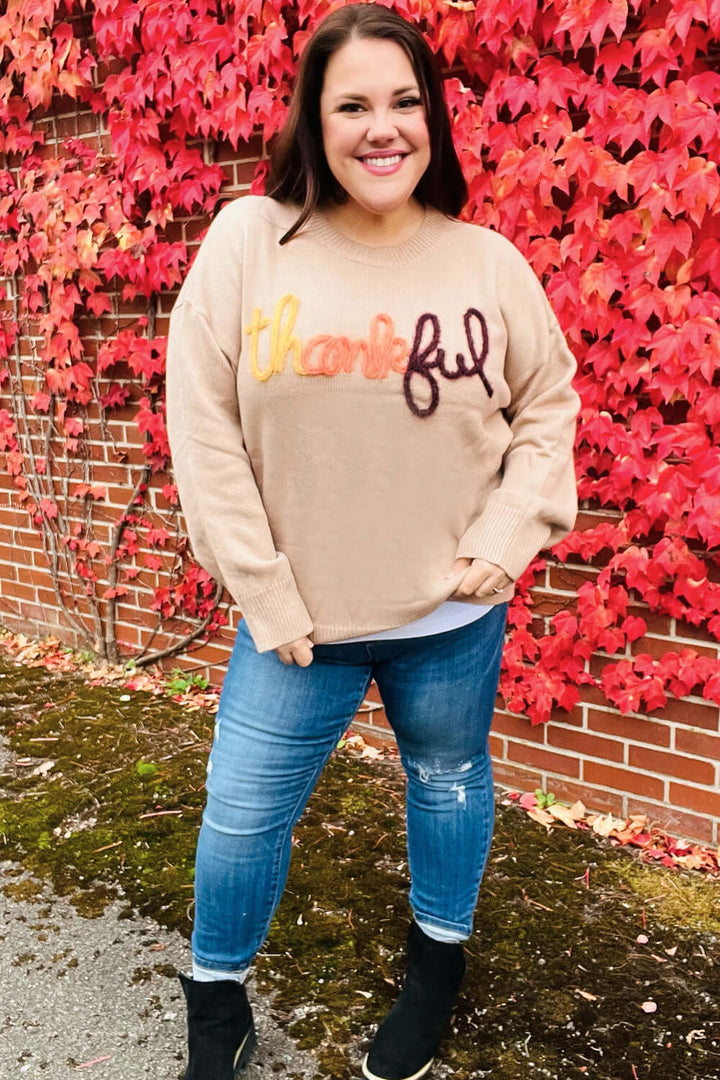 Feeling Thankful Taupe Pop Up Glittery Embroidery Sweater | Nikki &amp; Co. Boutique
