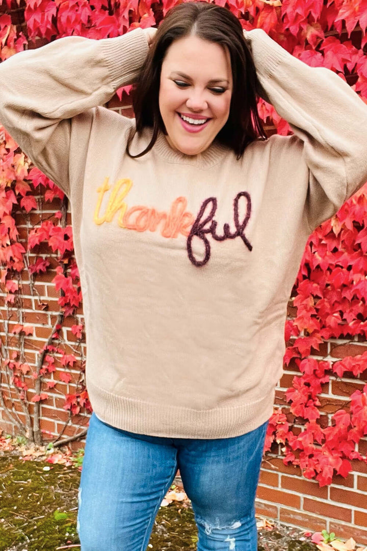Feeling Thankful Taupe Pop Up Glittery Embroidery Sweater | Nikki &amp; Co. Boutique
