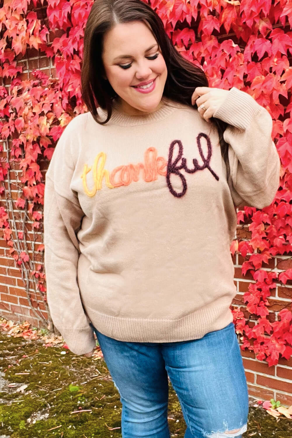 Feeling Thankful Taupe Pop Up Glittery Embroidery Sweater | Nikki &amp; Co. Boutique