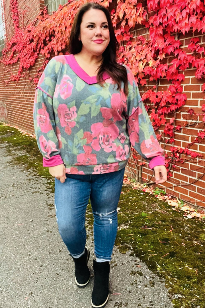 Beautiful You Vintage Teal Floral Print V Neck Hacci Knit Sweater | Nikki &amp; Co. Boutique