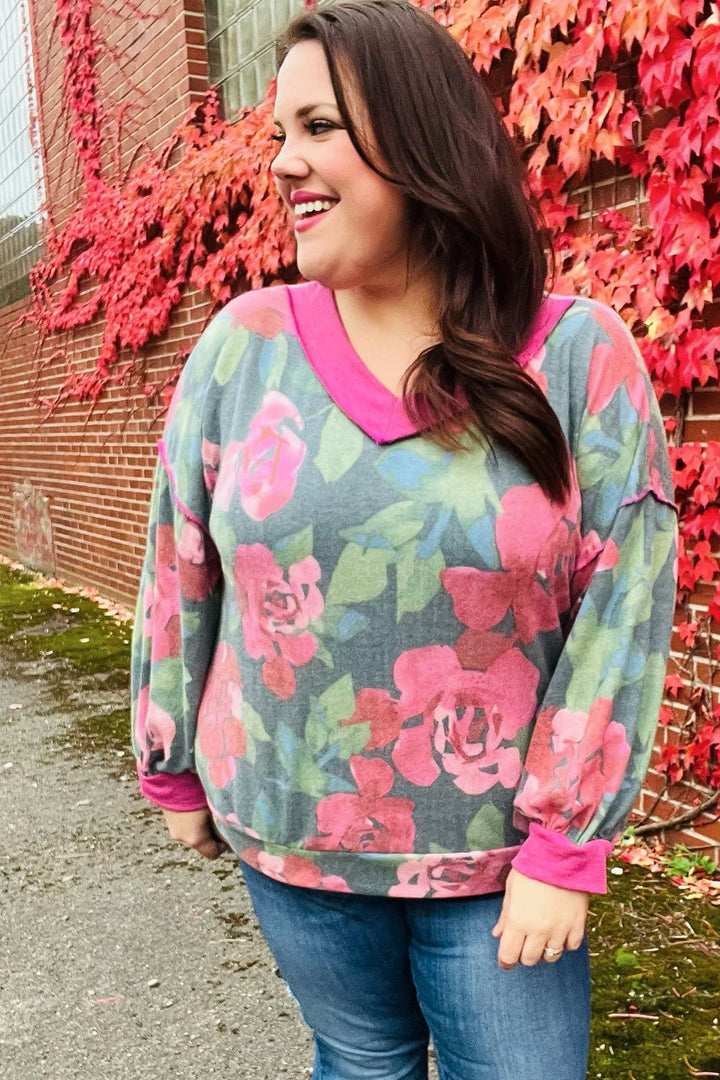 Beautiful You Vintage Teal Floral Print V Neck Hacci Knit Sweater | Nikki &amp; Co. Boutique
