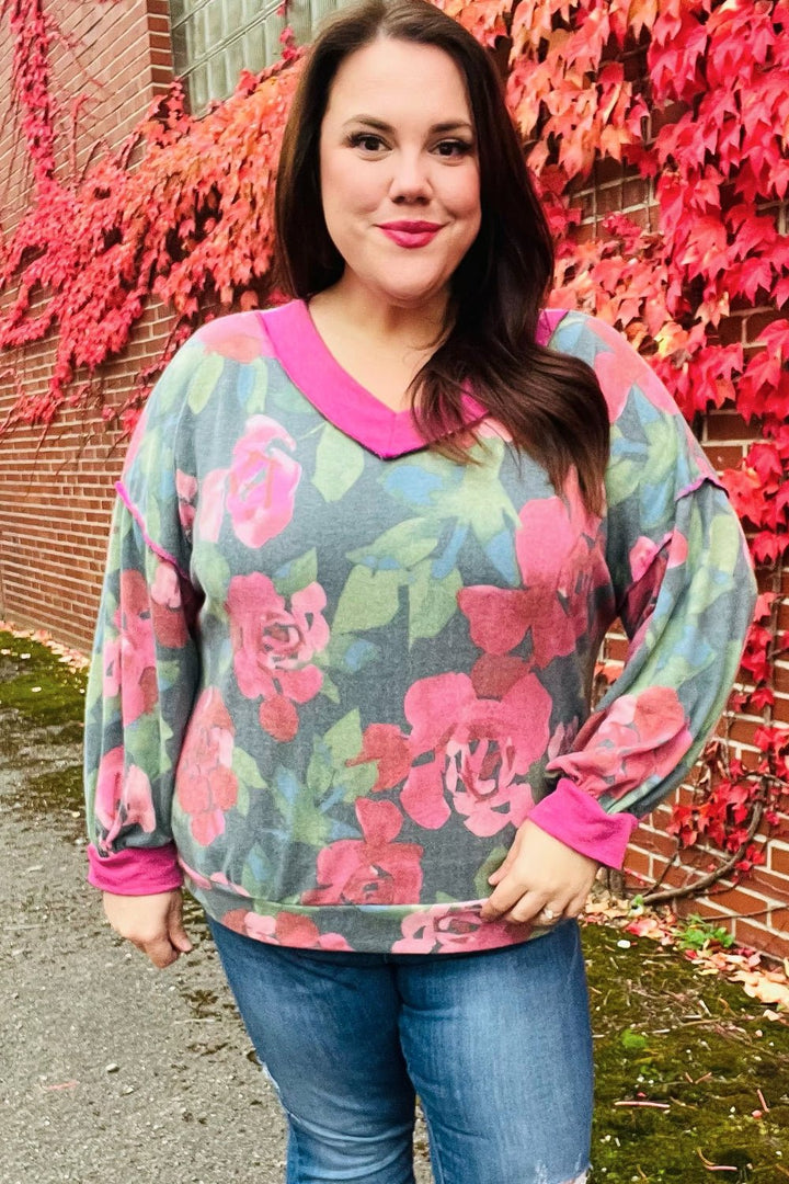Beautiful You Vintage Teal Floral Print V Neck Hacci Knit Sweater | Nikki &amp; Co. Boutique