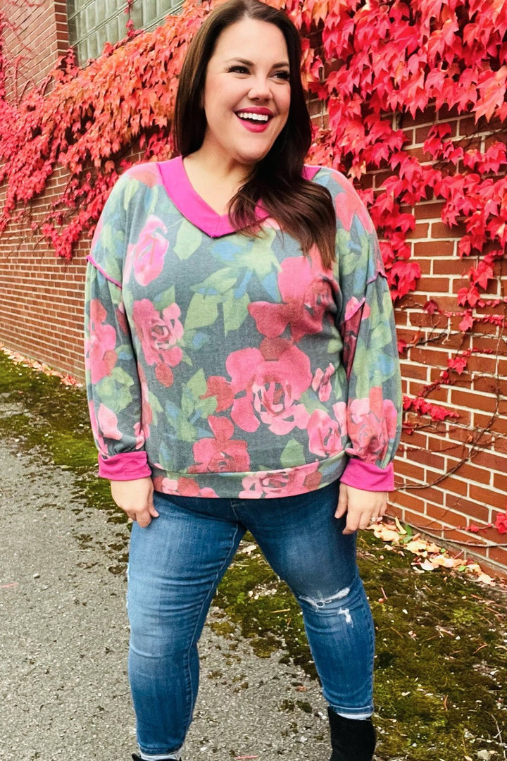 Beautiful You Vintage Teal Floral Print V Neck Hacci Knit Sweater | Nikki &amp; Co. Boutique