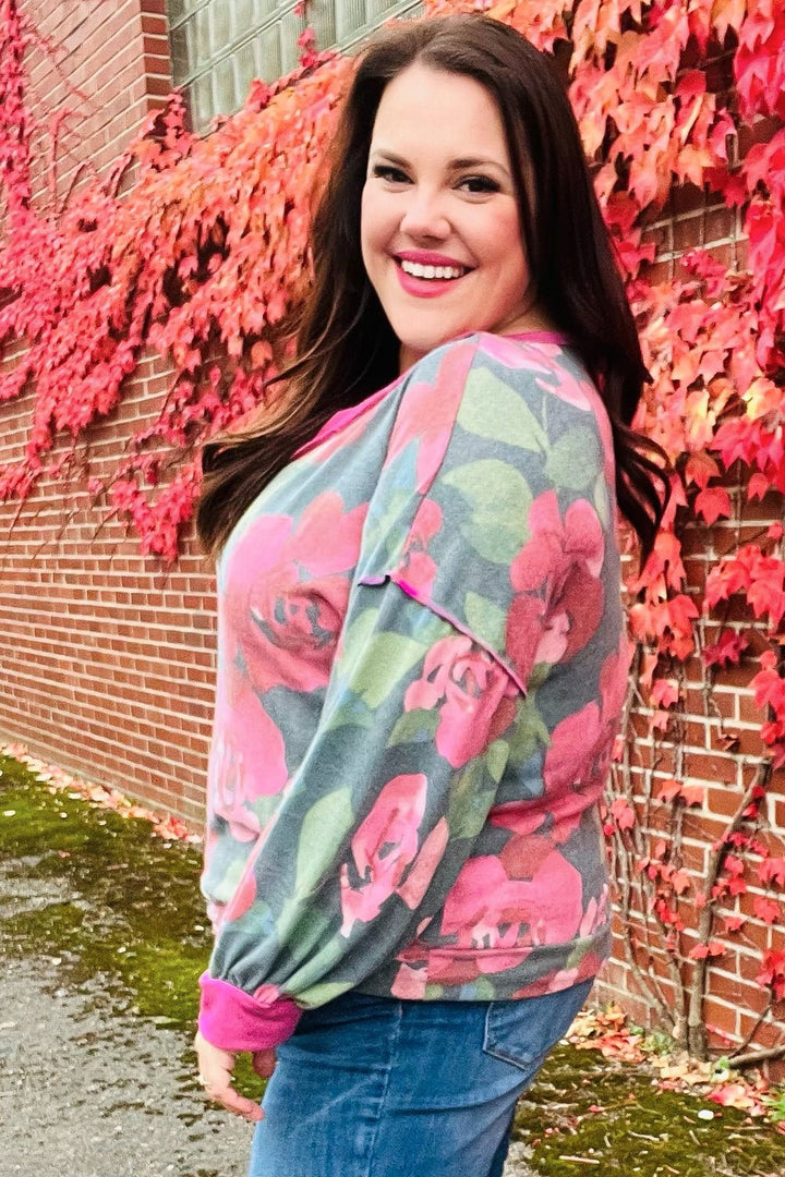 Beautiful You Vintage Teal Floral Print V Neck Hacci Knit Sweater | Nikki &amp; Co. Boutique