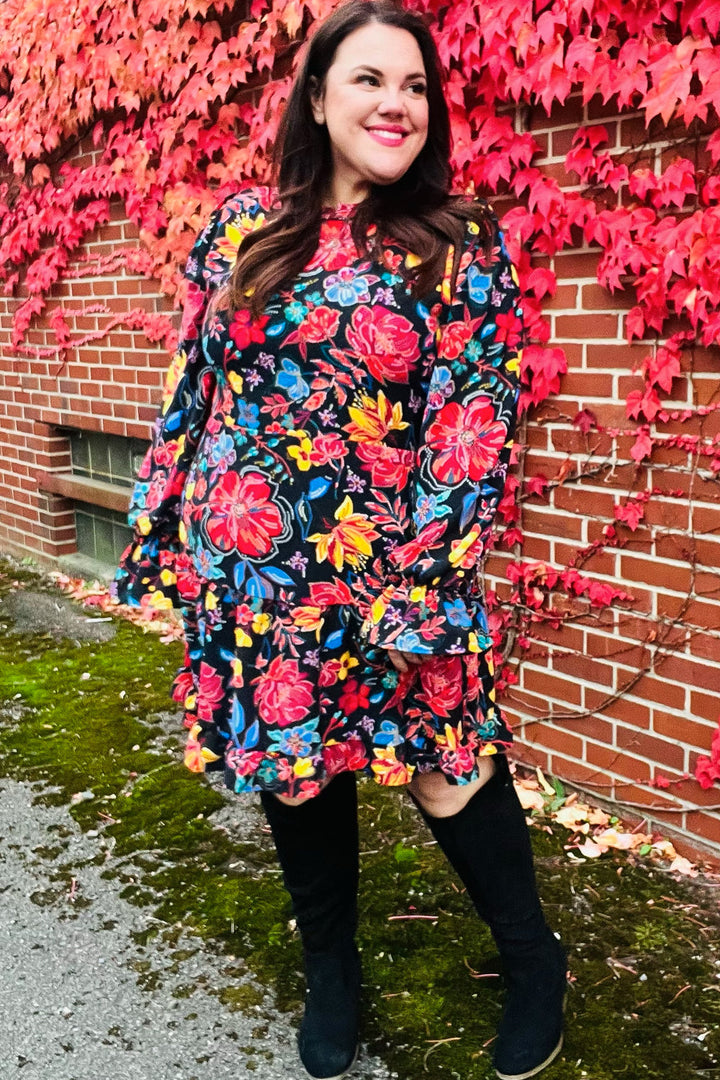 Lock Eyes Black Floral Sequin Print Ruffle Sleeve Frill Mock Neck Dress | Nikki &amp; Co. Boutique