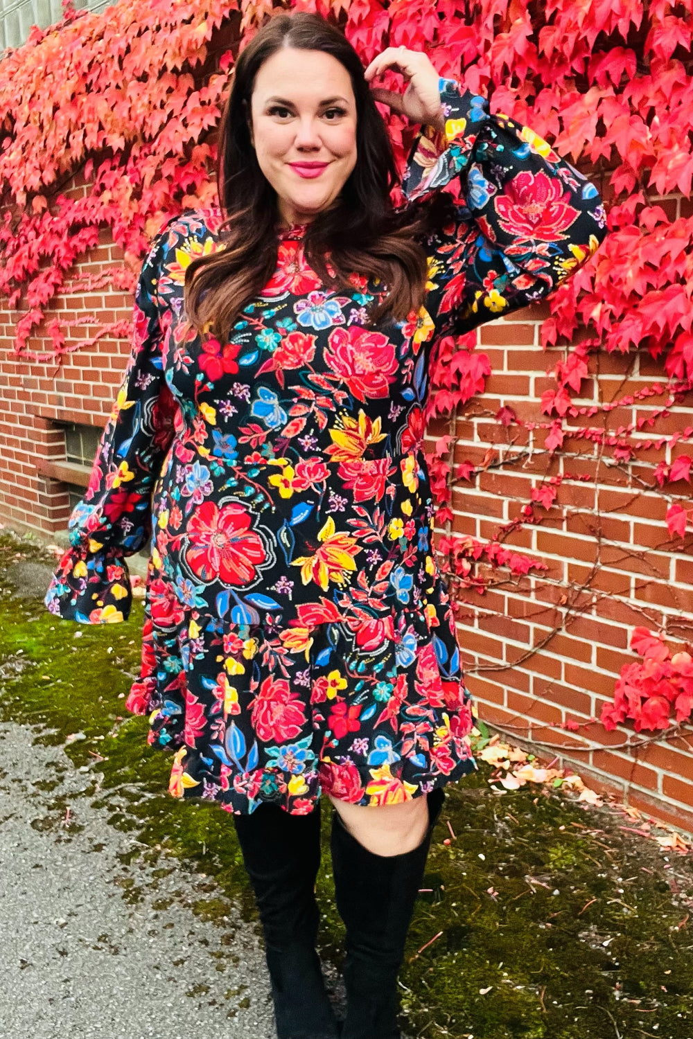 Lock Eyes Black Floral Sequin Print Ruffle Sleeve Frill Mock Neck Dress | Nikki &amp; Co. Boutique