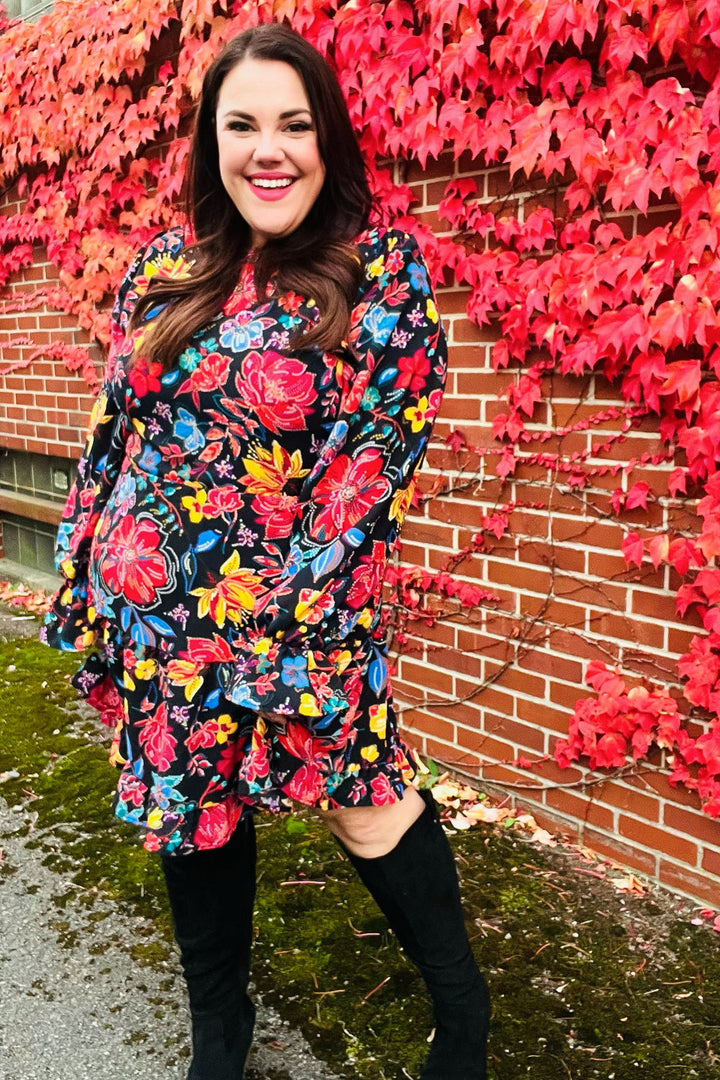Lock Eyes Black Floral Sequin Print Ruffle Sleeve Frill Mock Neck Dress | Nikki &amp; Co. Boutique
