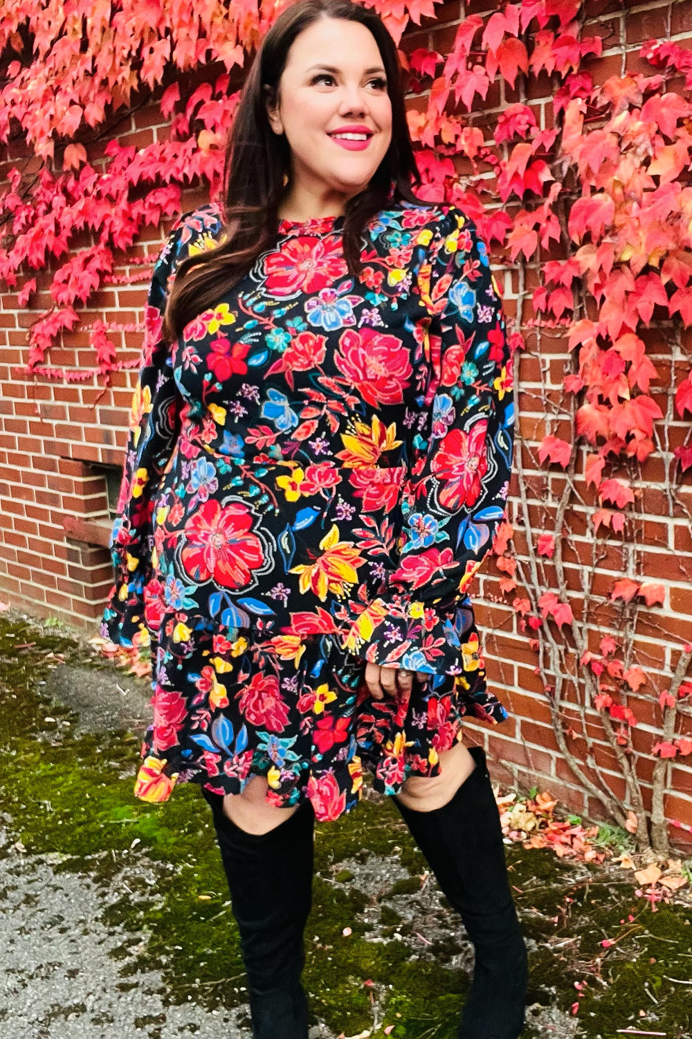 Lock Eyes Black Floral Sequin Print Ruffle Sleeve Frill Mock Neck Dress | Nikki &amp; Co. Boutique