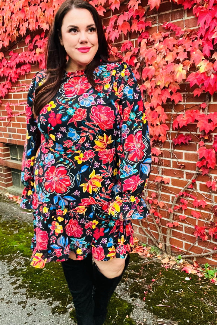 Lock Eyes Black Floral Sequin Print Ruffle Sleeve Frill Mock Neck Dress | Nikki &amp; Co. Boutique
