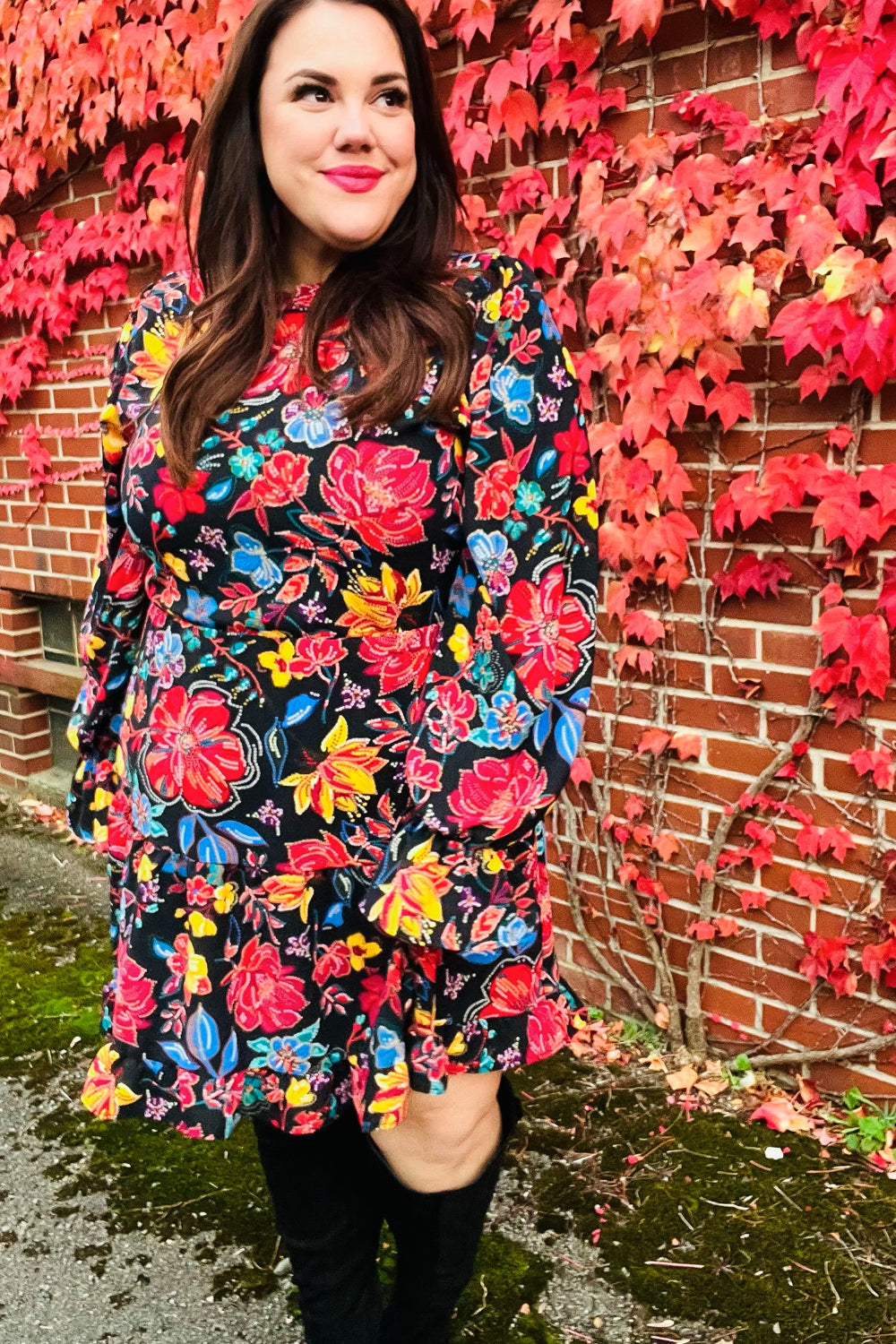 Lock Eyes Black Floral Sequin Print Ruffle Sleeve Frill Mock Neck Dress | Nikki &amp; Co. Boutique
