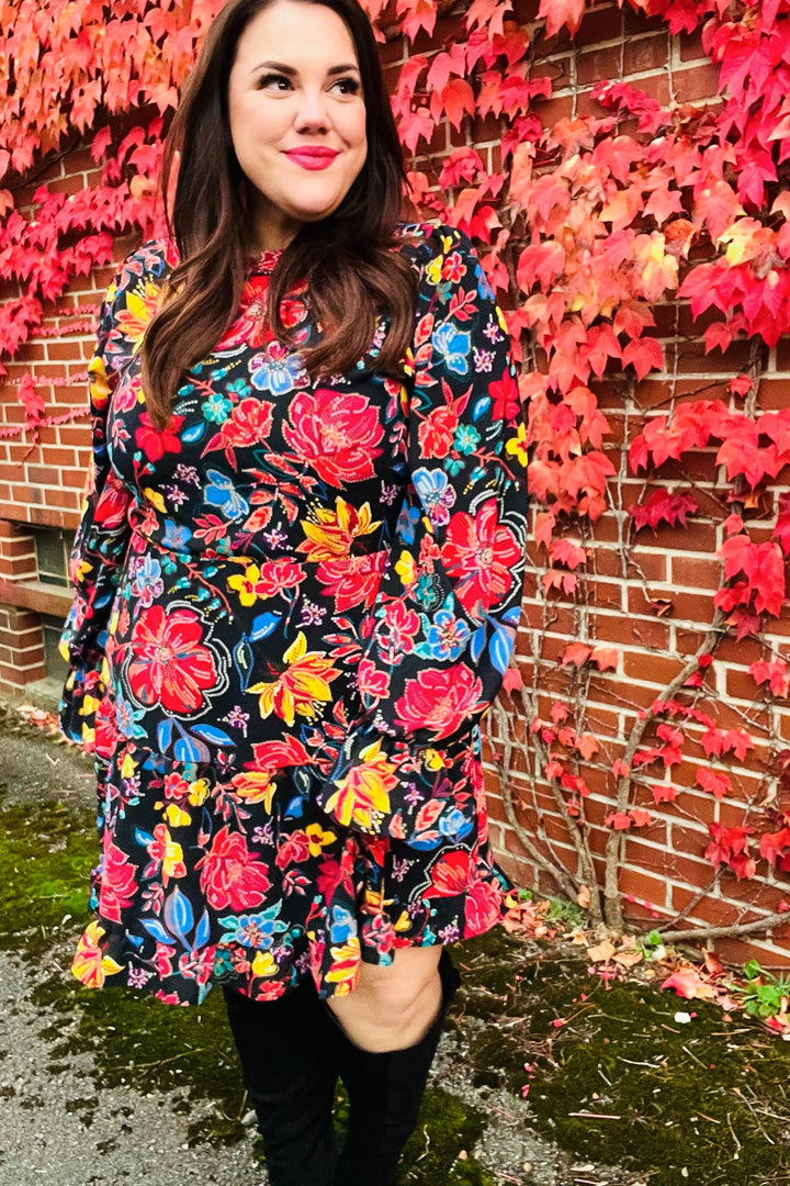 Lock Eyes Black Floral Sequin Print Ruffle Sleeve Frill Mock Neck Dress | Nikki &amp; Co. Boutique