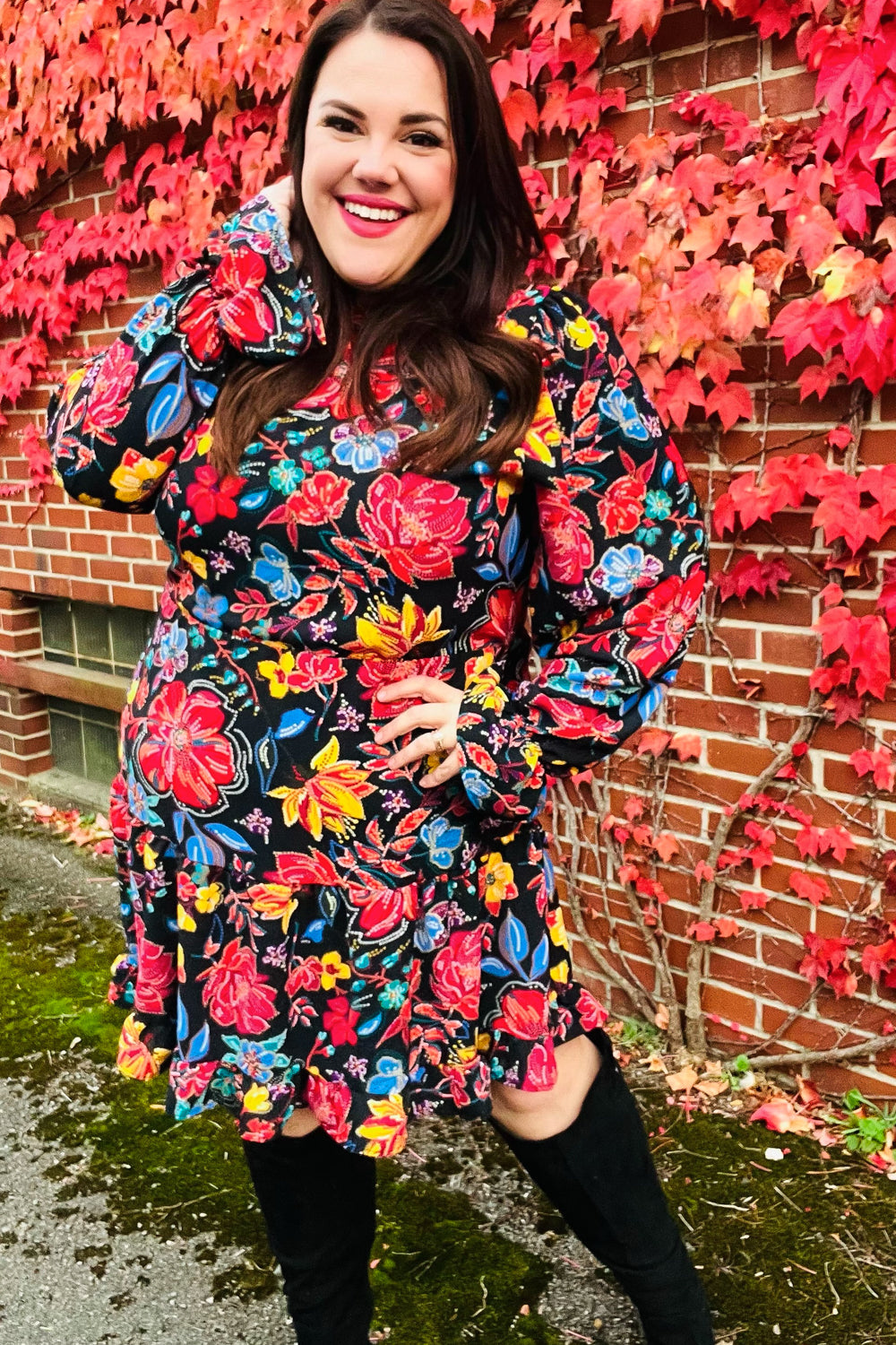 Lock Eyes Black Floral Sequin Print Ruffle Sleeve Frill Mock Neck Dress | Nikki &amp; Co. Boutique