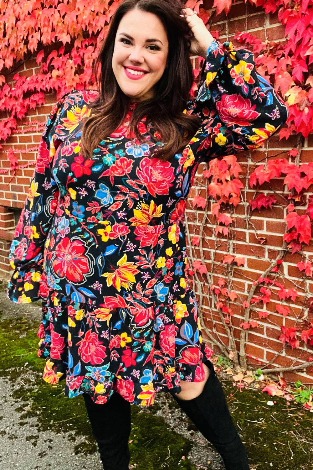 Lock Eyes Black Floral Sequin Print Ruffle Sleeve Frill Mock Neck Dress | Nikki &amp; Co. Boutique