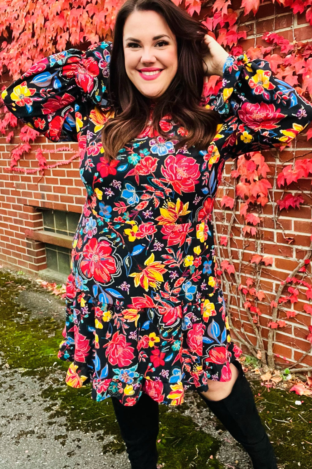 Lock Eyes Black Floral Sequin Print Ruffle Sleeve Frill Mock Neck Dress | Nikki &amp; Co. Boutique