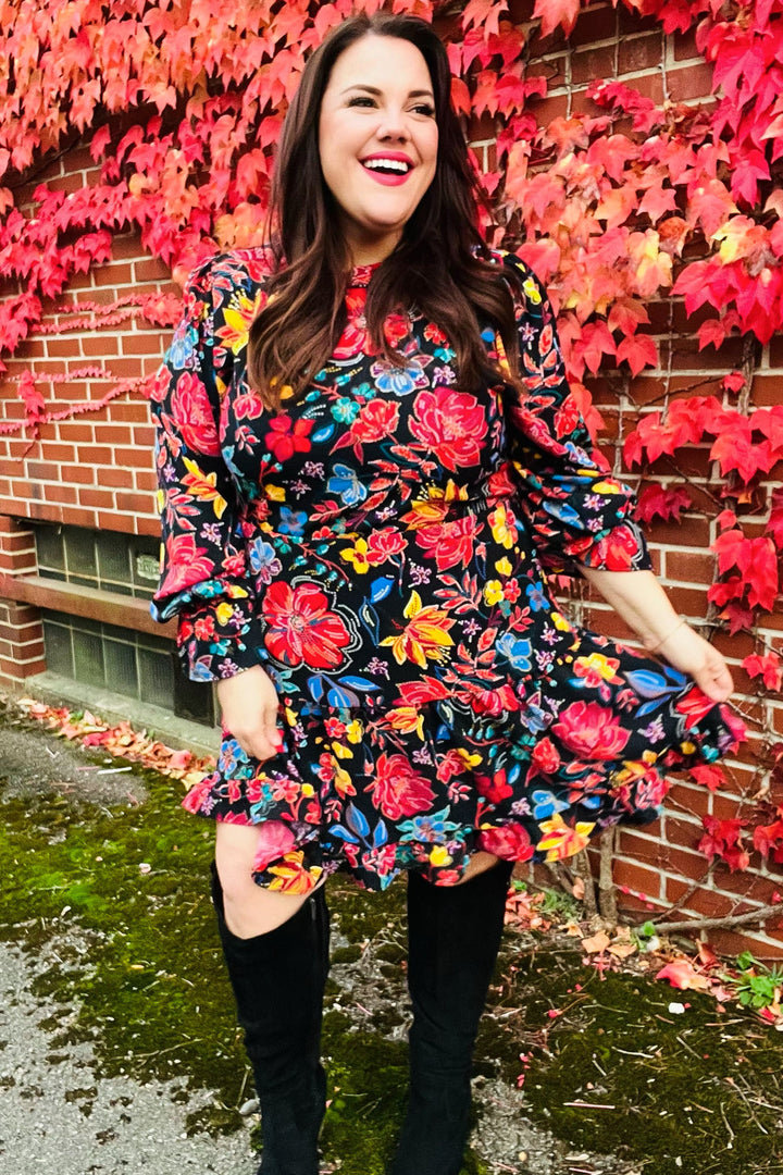 Lock Eyes Black Floral Sequin Print Ruffle Sleeve Frill Mock Neck Dress | Nikki &amp; Co. Boutique