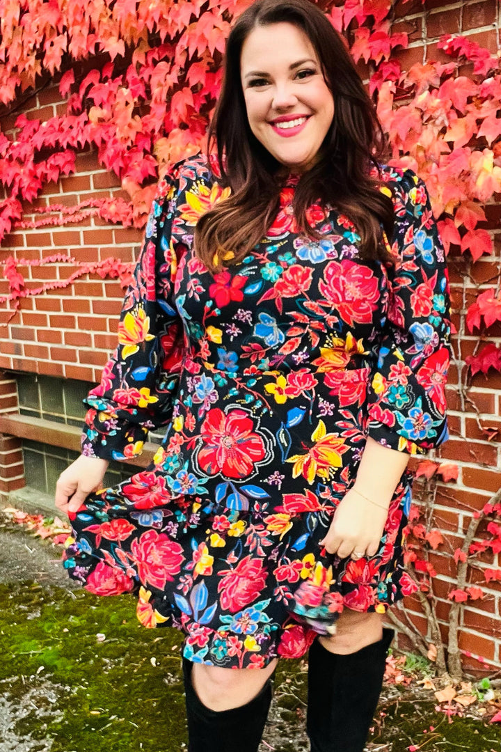 Lock Eyes Black Floral Sequin Print Ruffle Sleeve Frill Mock Neck Dress | Nikki &amp; Co. Boutique