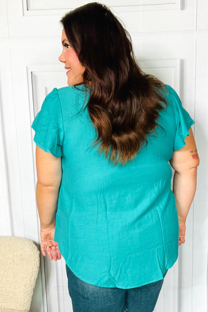 Eyes On You Teal Scalloped V Neck Tulip Sleeve Tops | Nikki &amp; Co. Boutique