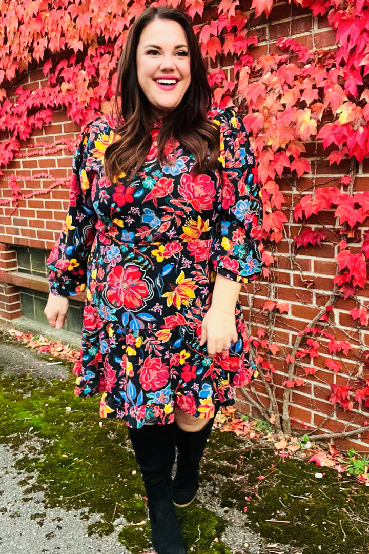Lock Eyes Black Floral Sequin Print Ruffle Sleeve Frill Mock Neck Dress | Nikki &amp; Co. Boutique