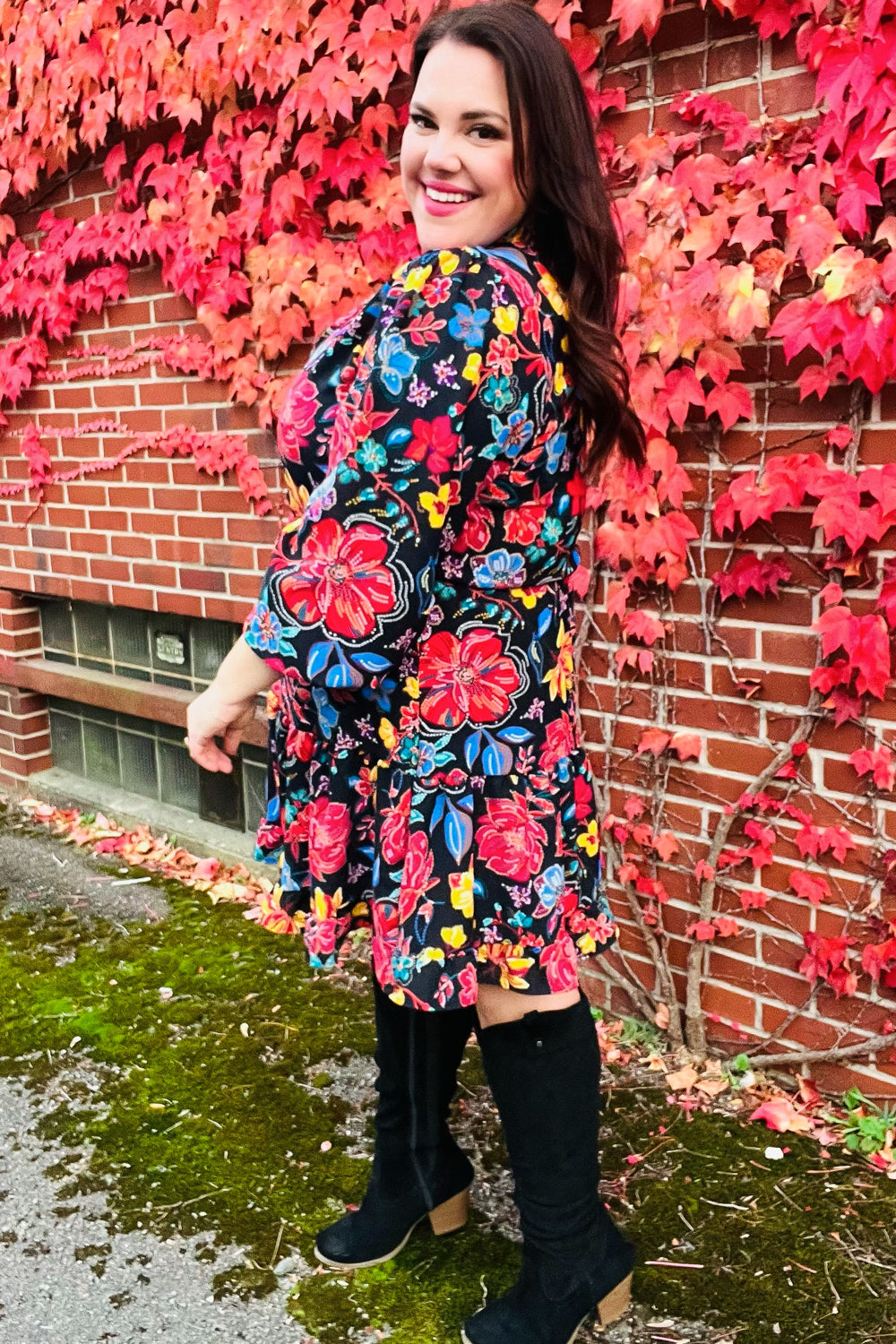 Lock Eyes Black Floral Sequin Print Ruffle Sleeve Frill Mock Neck Dress | Nikki &amp; Co. Boutique