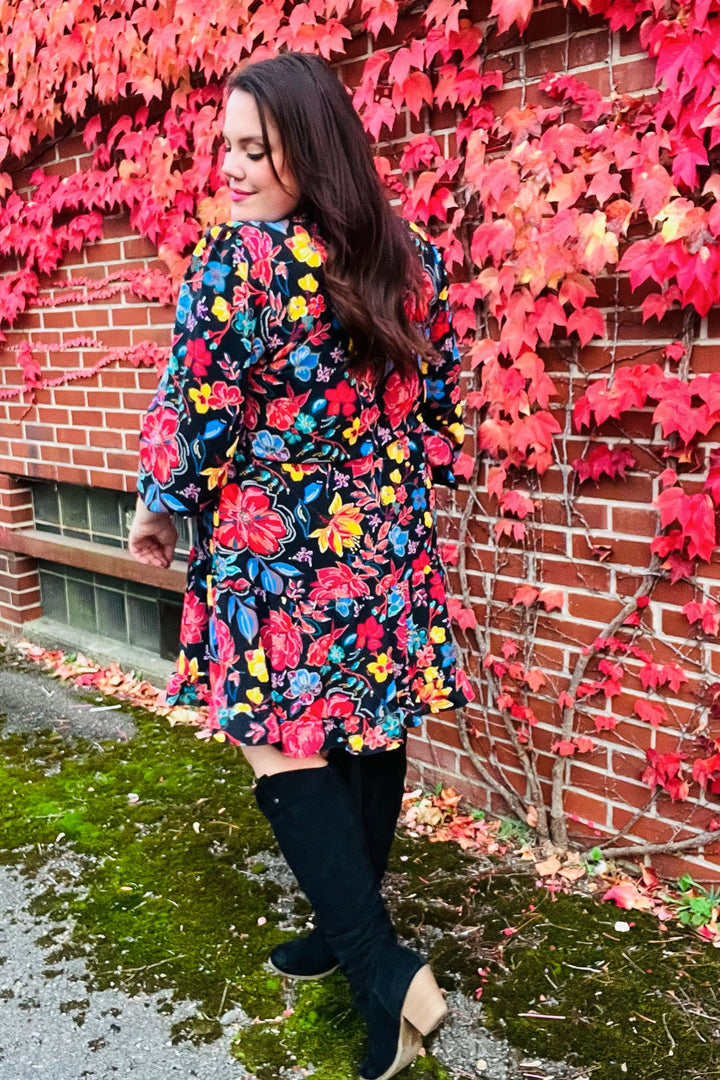 Lock Eyes Black Floral Sequin Print Ruffle Sleeve Frill Mock Neck Dress | Nikki &amp; Co. Boutique