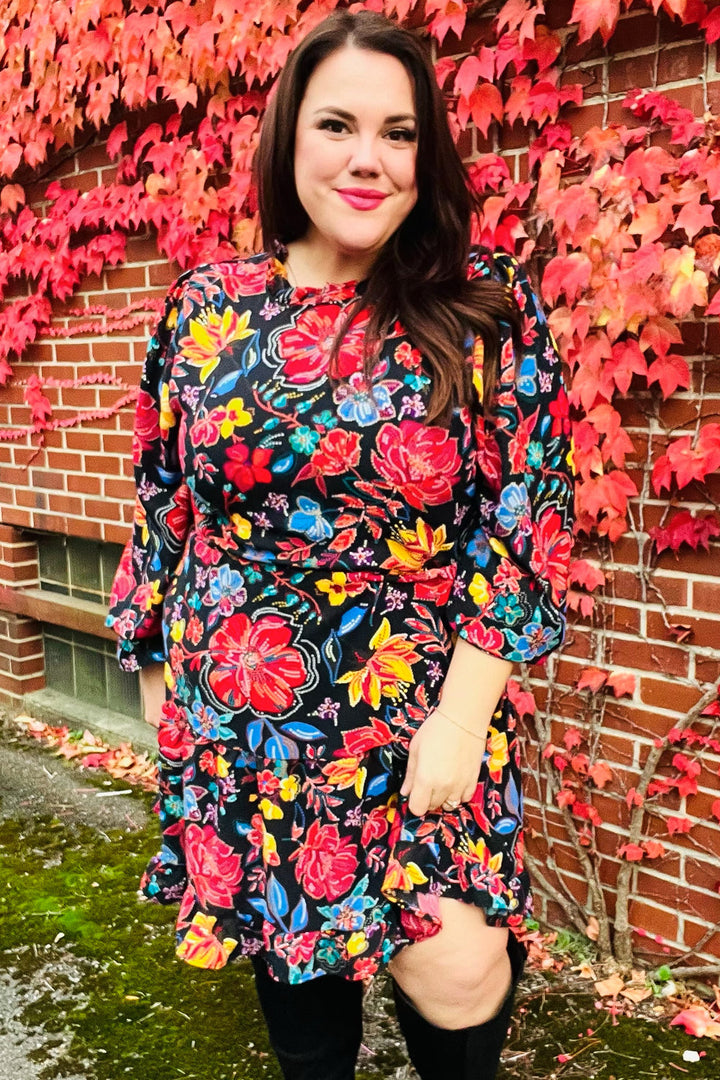 Lock Eyes Black Floral Sequin Print Ruffle Sleeve Frill Mock Neck Dress | Nikki &amp; Co. Boutique