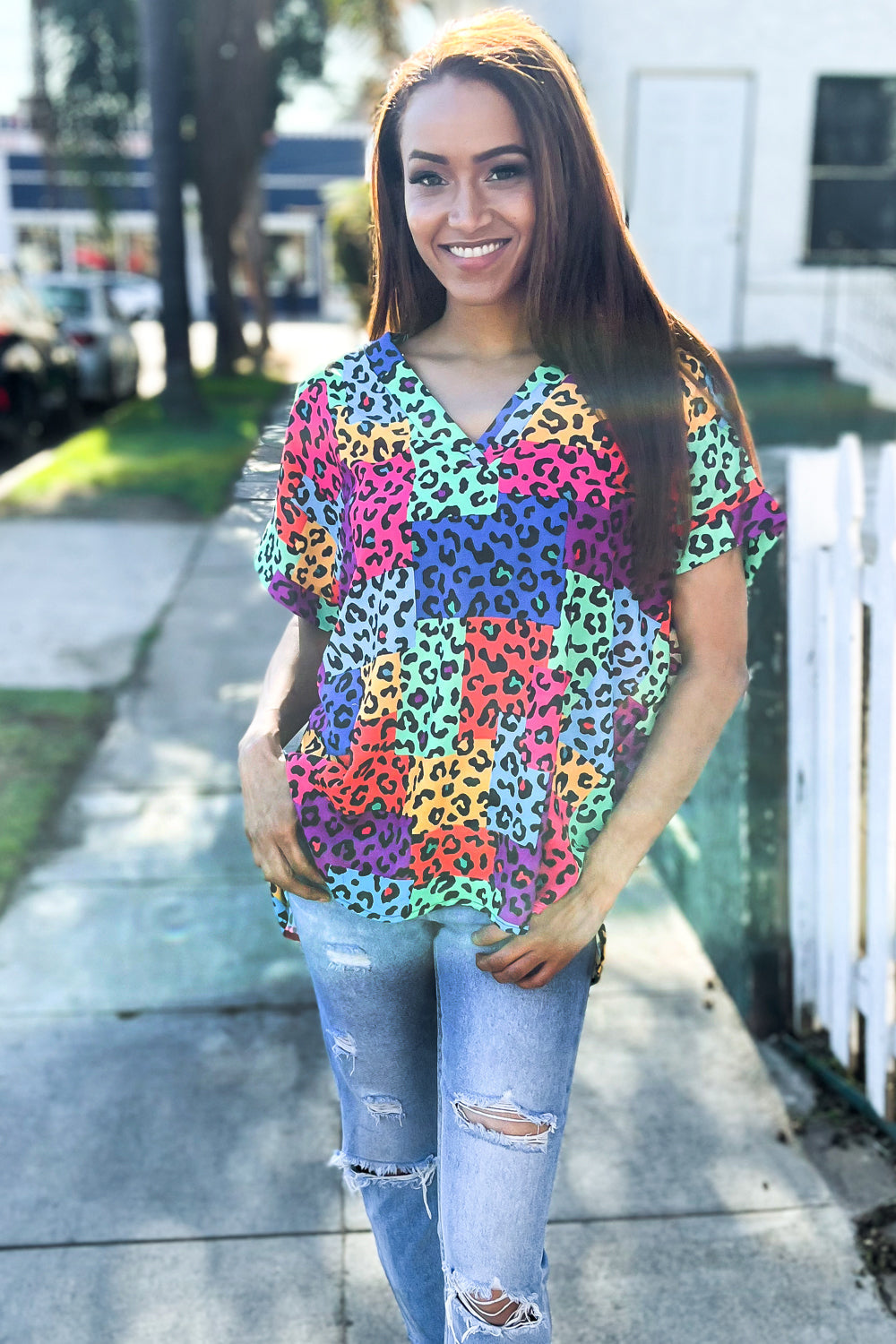 Dazzle in Multicolor Animal Patchwork V Neck Dolman Cap Sleeve Top | Nikki &amp; Co. Boutique