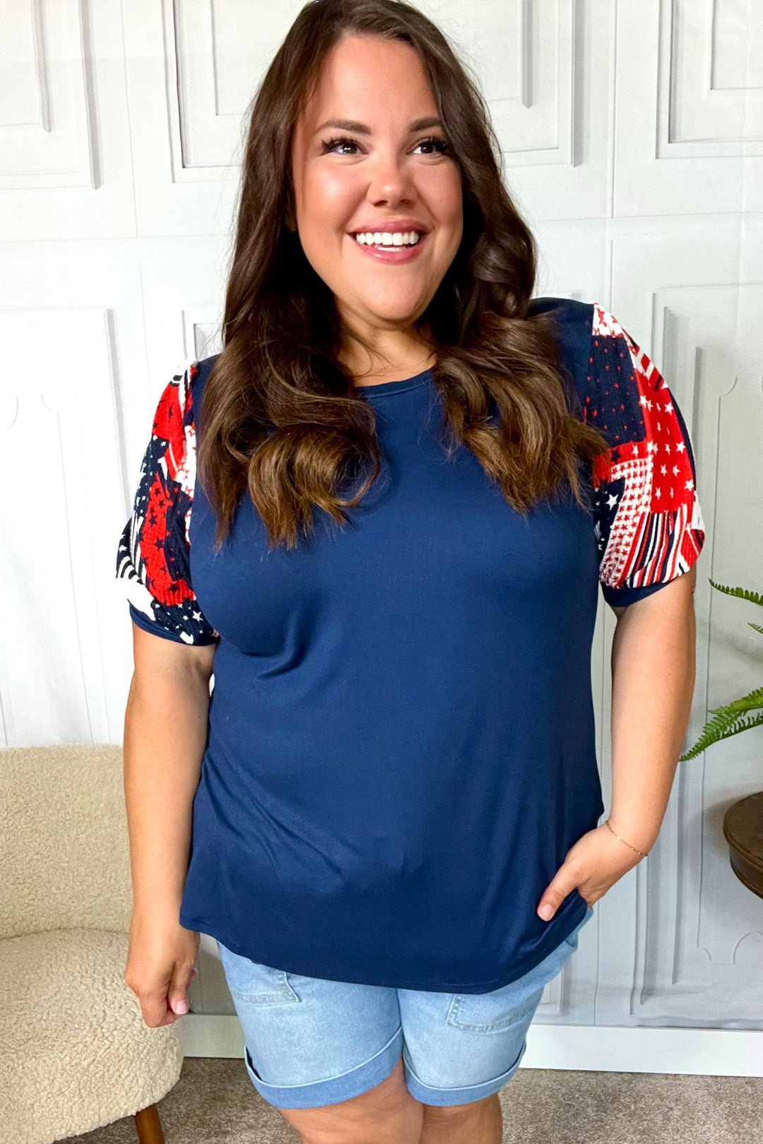 Stand-Out Navy Patriotic Patchwork Puff Sleeve Tops | Nikki &amp; Co. Boutique
