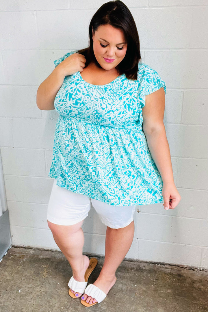 Aqua Boho Print Ruffle Shorts Sleeve Babydoll Tops | Nikki &amp; Co. Boutique
