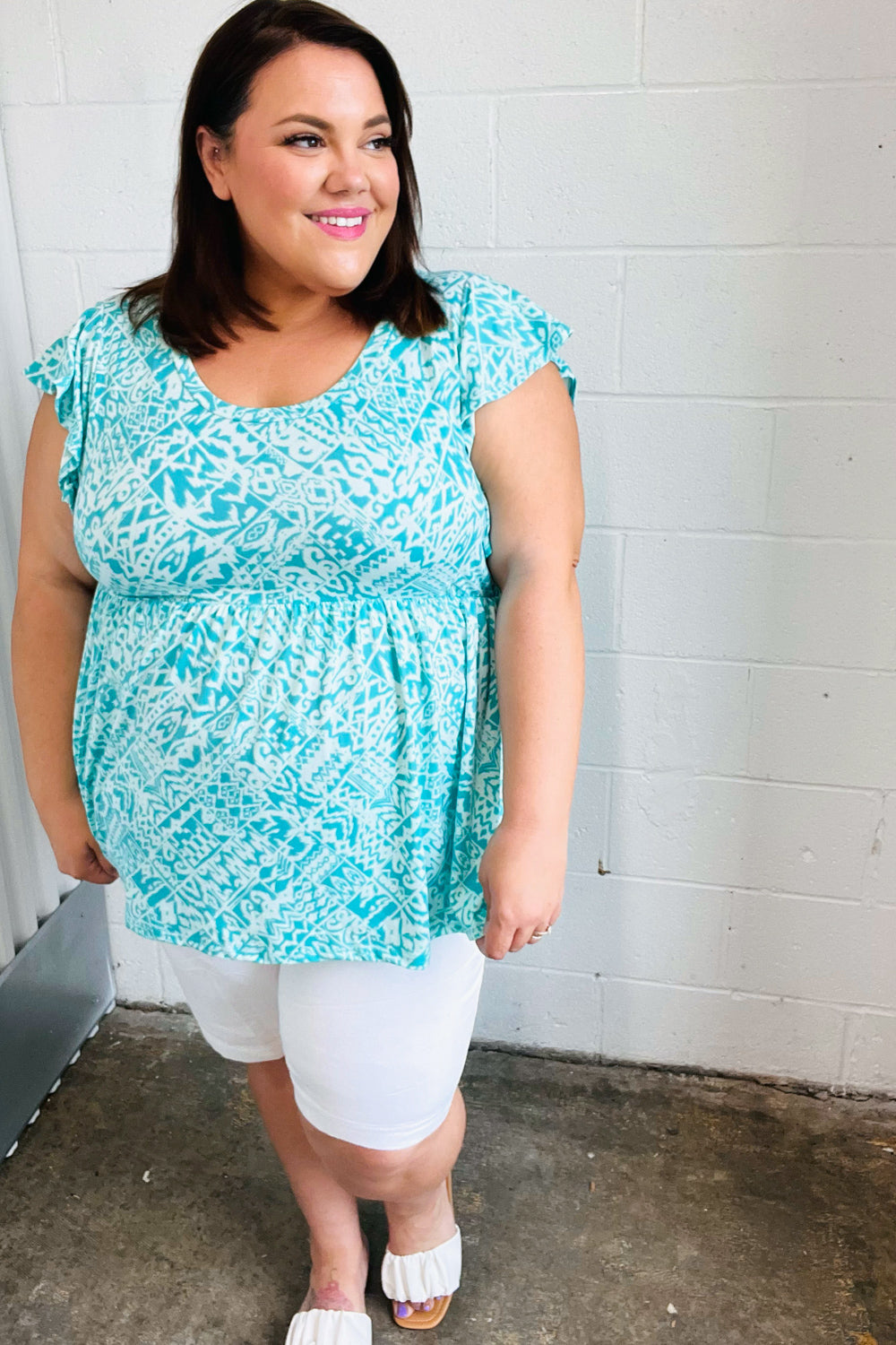 Aqua Boho Print Ruffle Shorts Sleeve Babydoll Tops | Nikki &amp; Co. Boutique