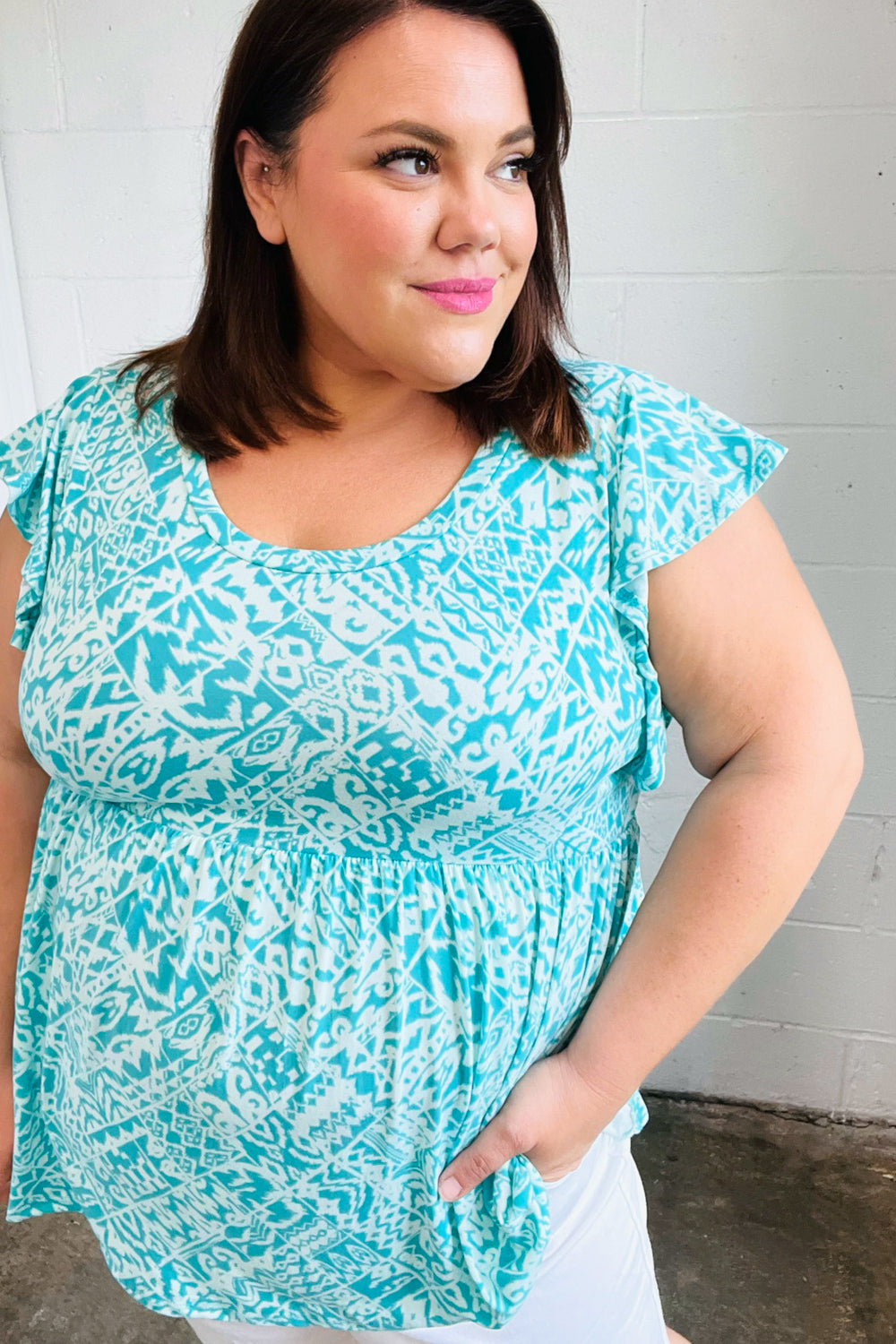 Aqua Boho Print Ruffle Shorts Sleeve Babydoll Tops | Nikki &amp; Co. Boutique