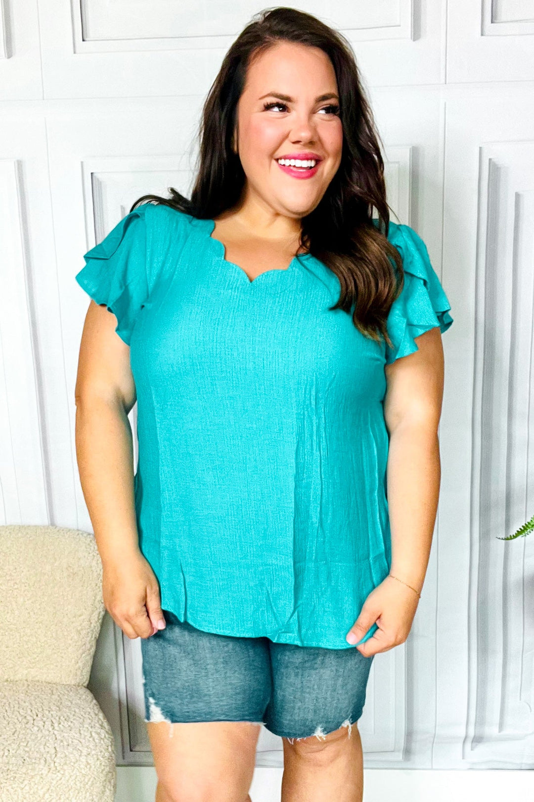 Eyes On You Teal Scalloped V Neck Tulip Sleeve Tops | Nikki &amp; Co. Boutique