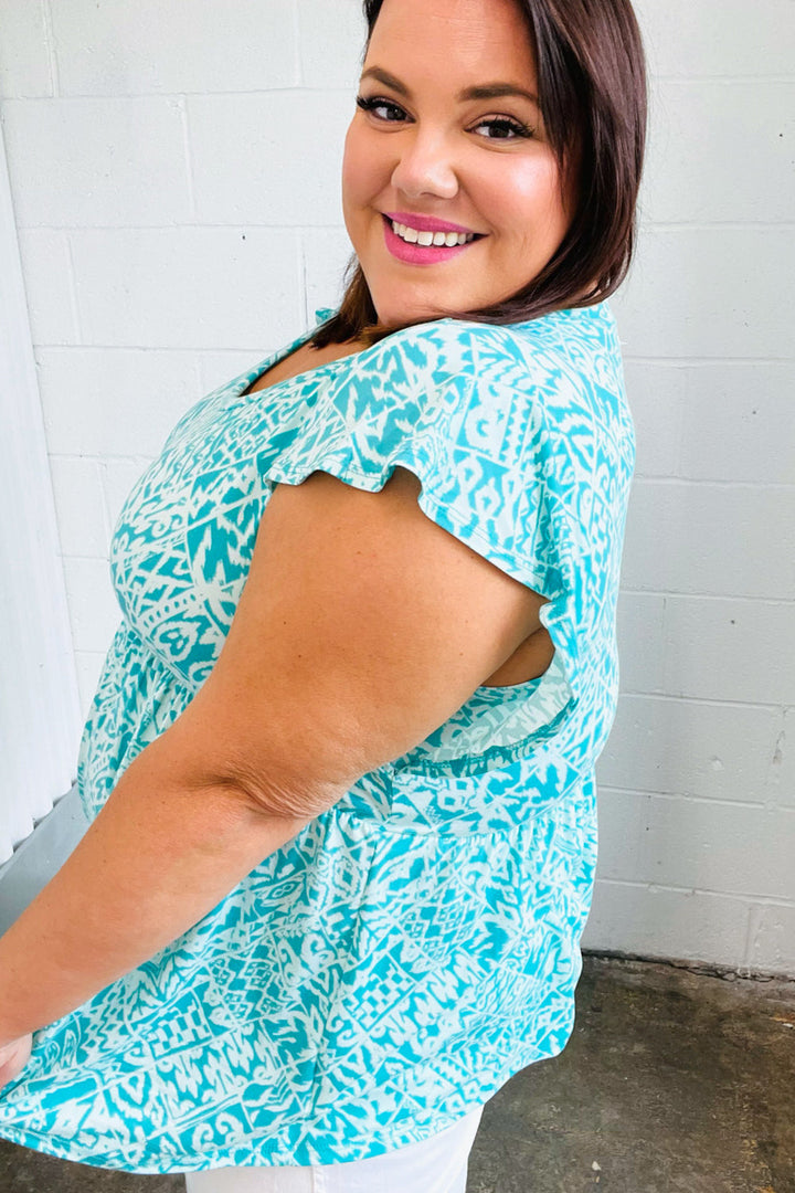 Aqua Boho Print Ruffle Shorts Sleeve Babydoll Tops | Nikki &amp; Co. Boutique