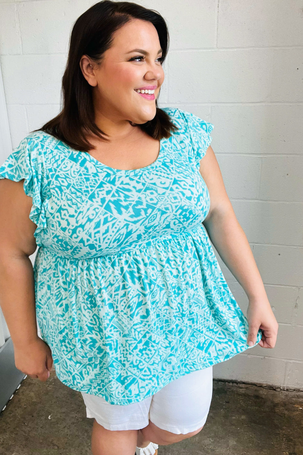Aqua Boho Print Ruffle Shorts Sleeve Babydoll Tops | Nikki &amp; Co. Boutique