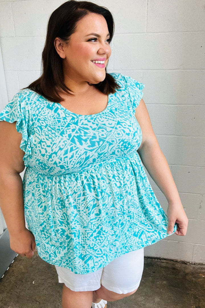 Aqua Boho Print Ruffle Shorts Sleeve Babydoll Tops | Nikki &amp; Co. Boutique