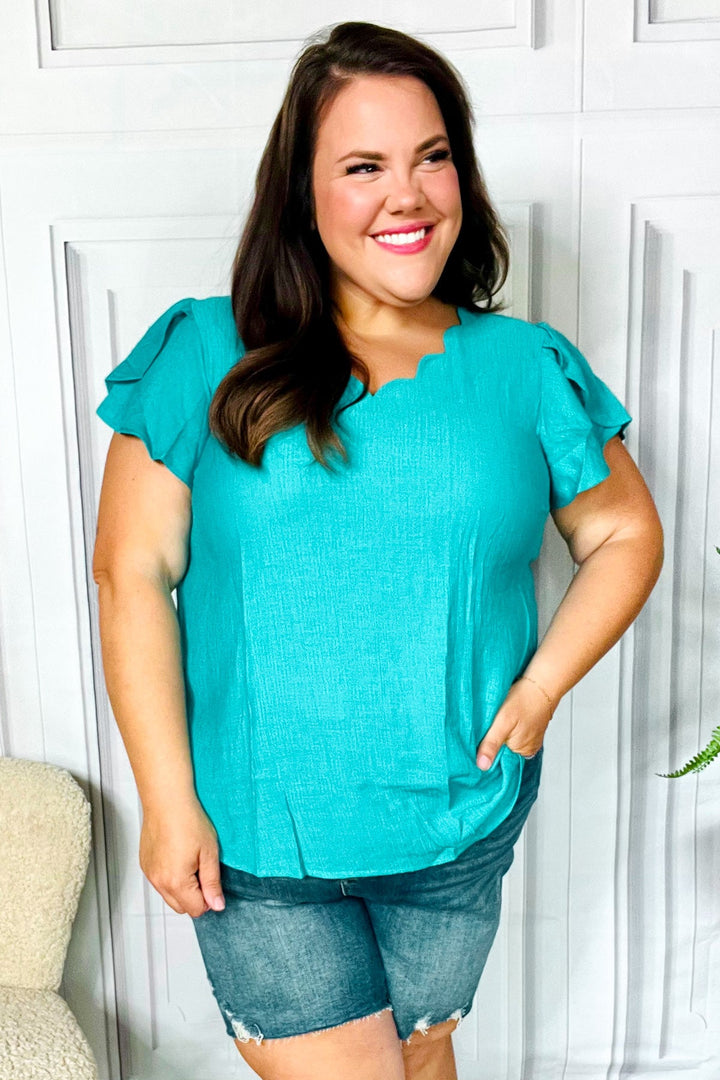 Eyes On You Teal Scalloped V Neck Tulip Sleeve Tops | Nikki &amp; Co. Boutique