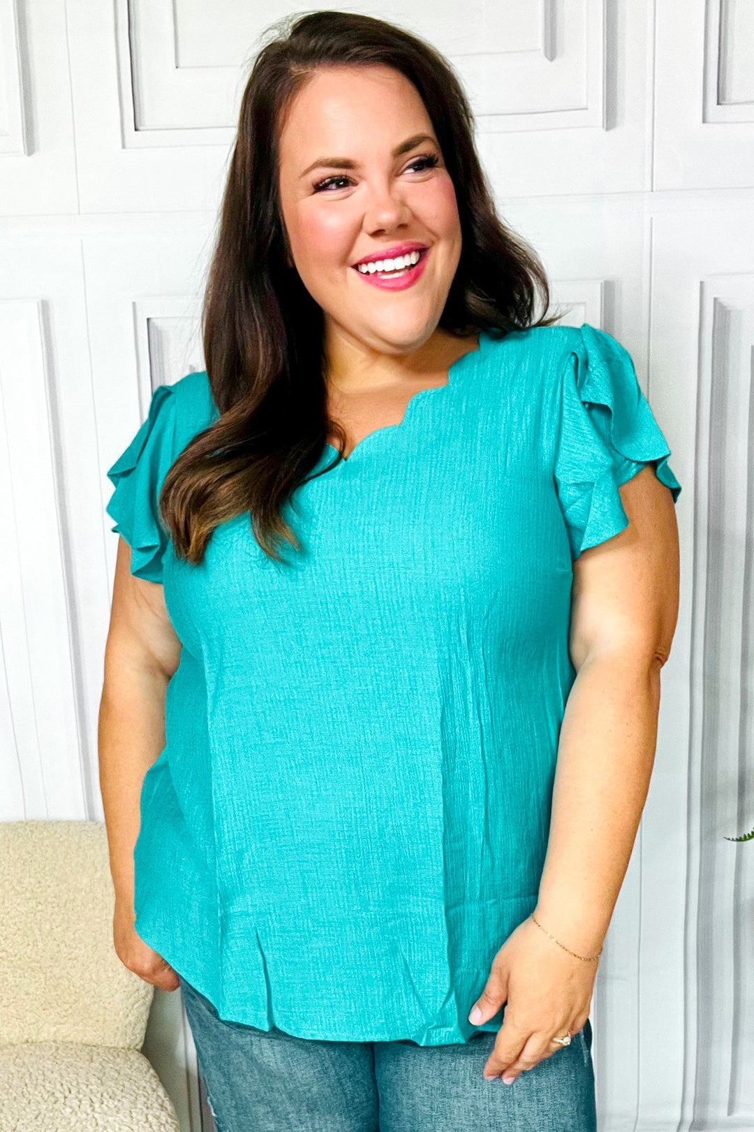 Eyes On You Teal Scalloped V Neck Tulip Sleeve Tops | Nikki &amp; Co. Boutique