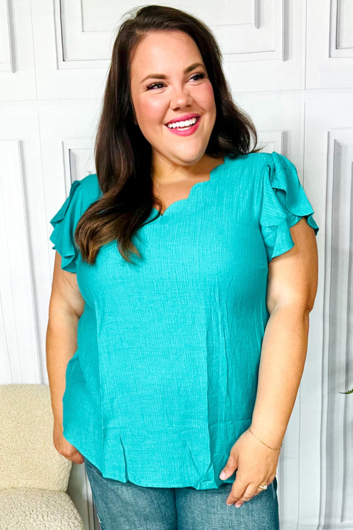 Eyes On You Teal Scalloped V Neck Tulip Sleeve Tops | Nikki &amp; Co. Boutique