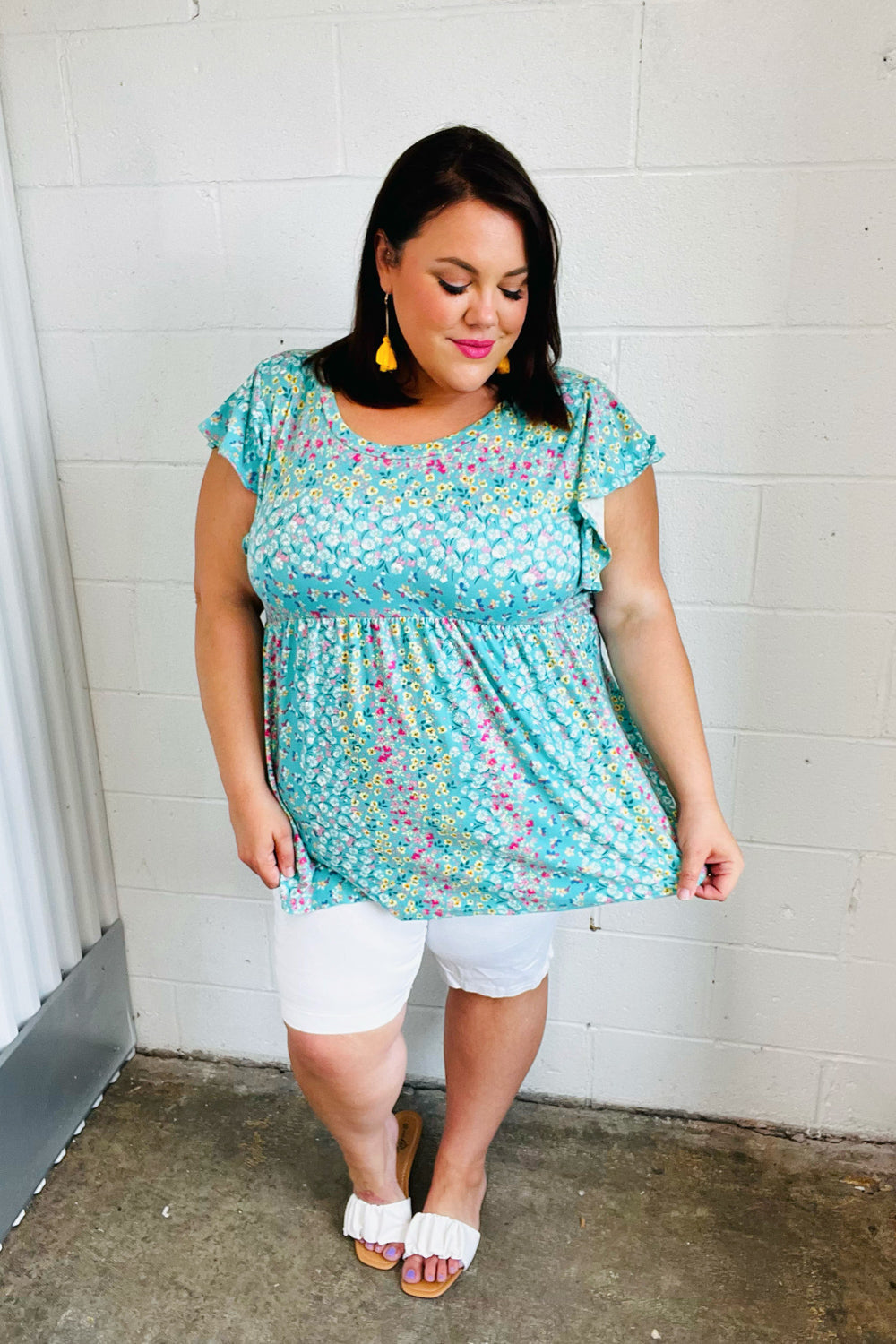 Turquoise Floral Stripe Babydoll Tops | Nikki &amp; Co. Boutique