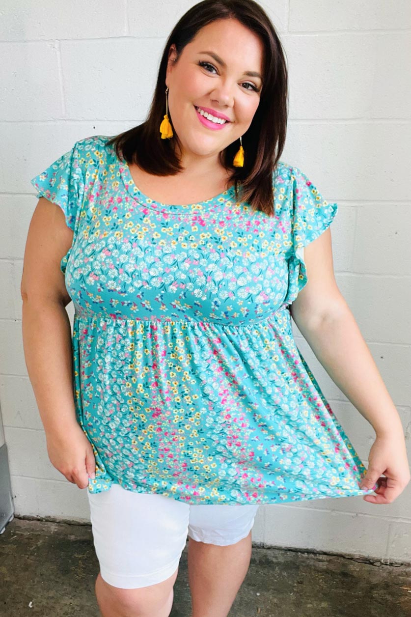 Turquoise Floral Stripe Babydoll Tops | Nikki &amp; Co. Boutique