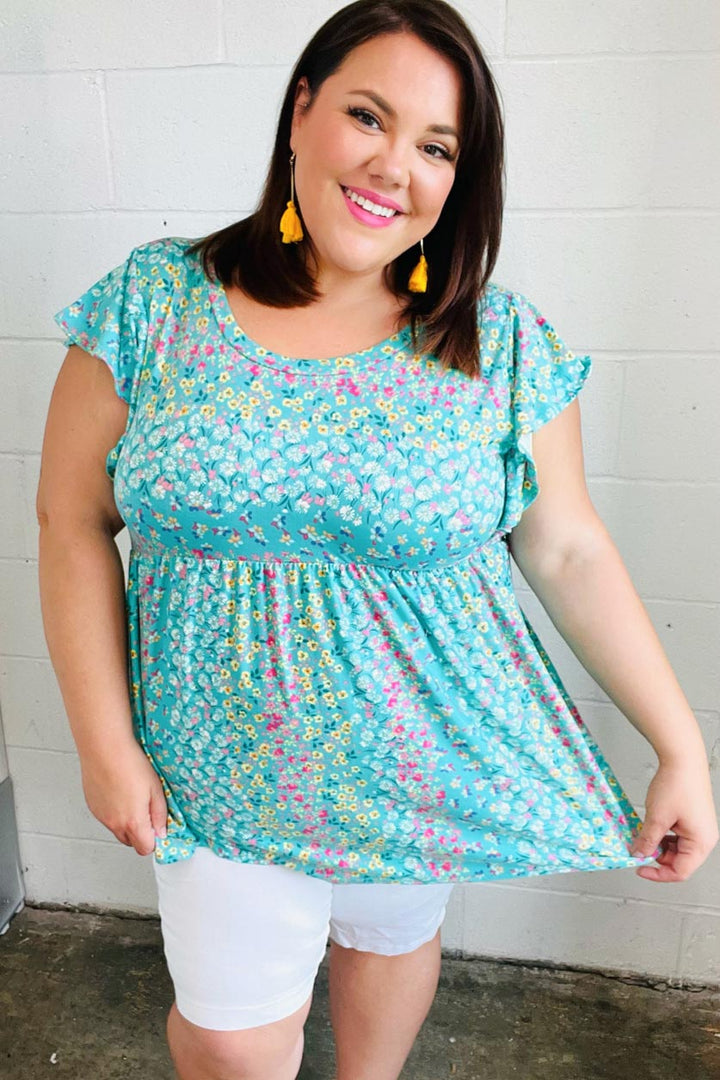 Turquoise Floral Stripe Babydoll Tops | Nikki &amp; Co. Boutique