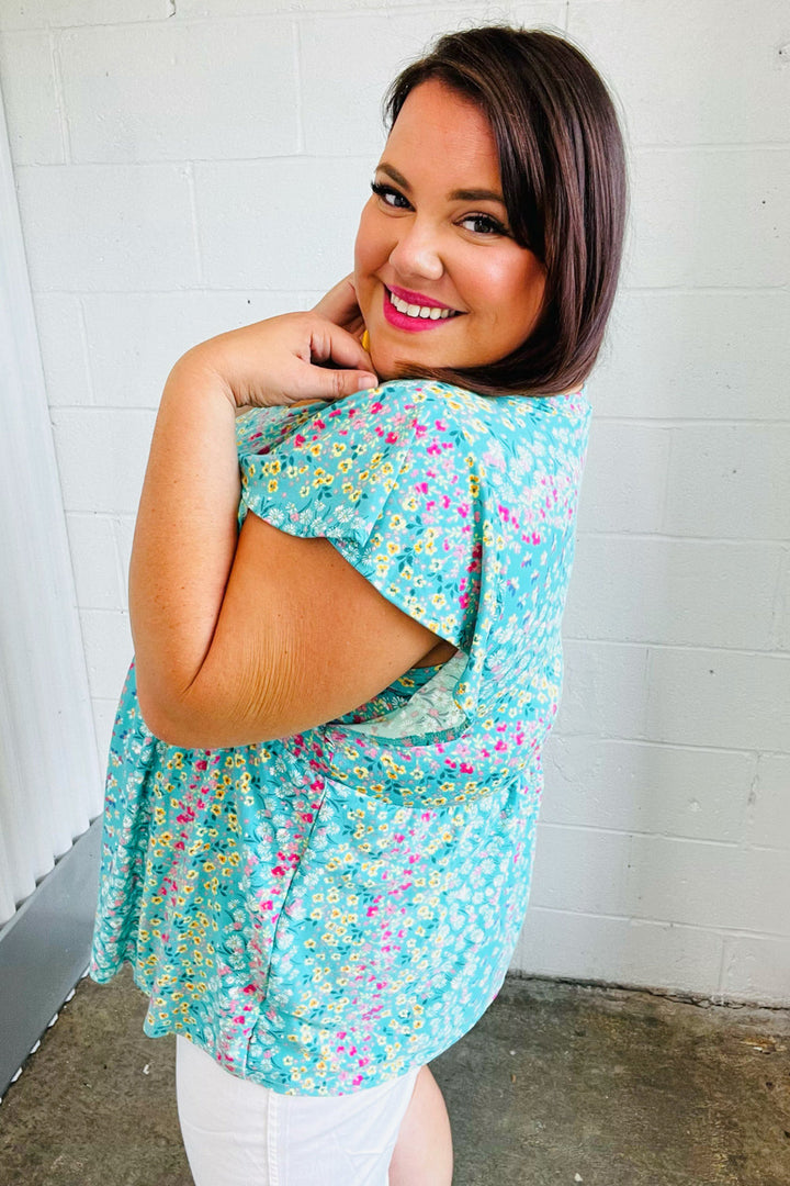 Turquoise Floral Stripe Babydoll Tops | Nikki &amp; Co. Boutique