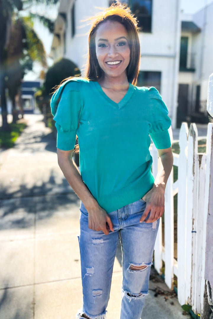 Be Bold Solid Emerald Shirred Puff Sleeve Sweater Top - Nikki &amp; Co. Boutique