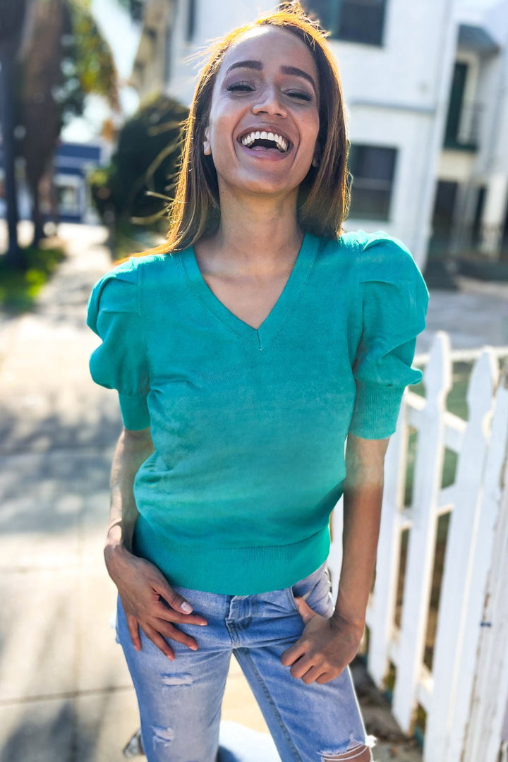 Be Bold Solid Emerald Shirred Puff Sleeve Sweater Top - Nikki &amp; Co. Boutique