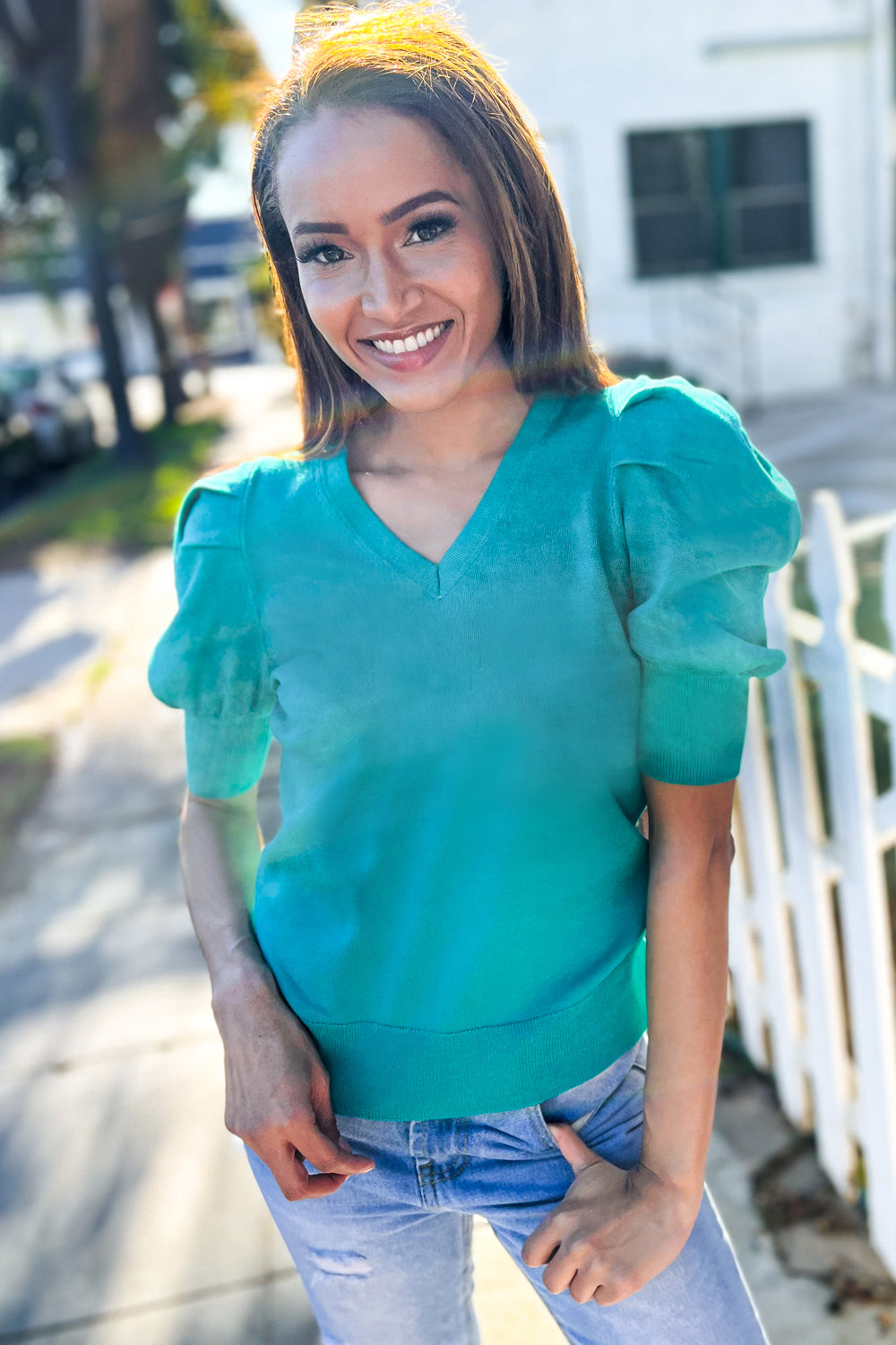 Be Bold Solid Emerald Shirred Puff Sleeve Sweater Top | Nikki & Co. Boutique
