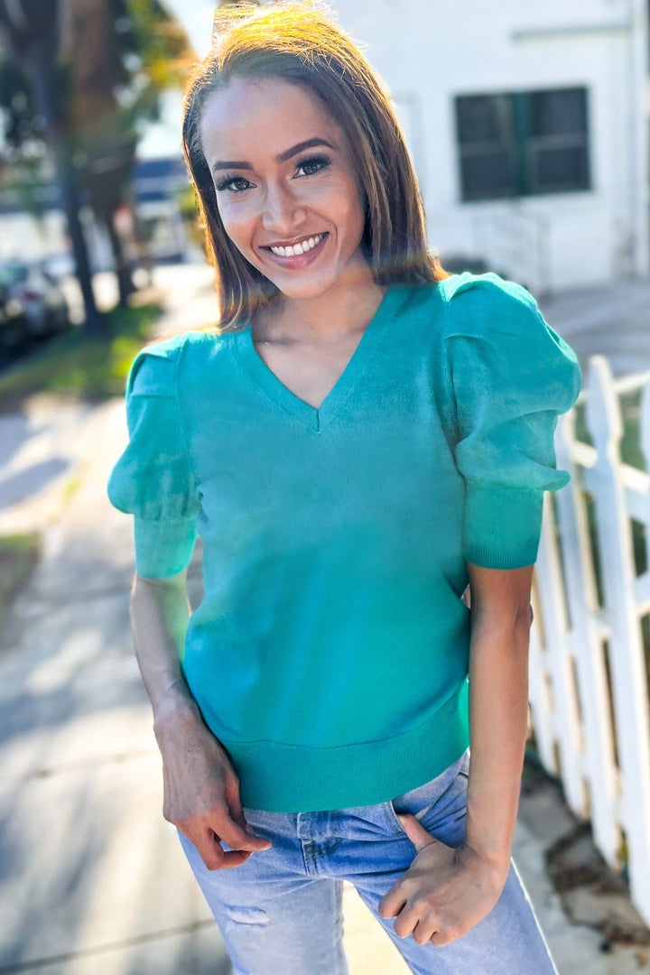 Be Bold Solid Emerald Shirred Puff Sleeve Sweater Top - Nikki &amp; Co. Boutique