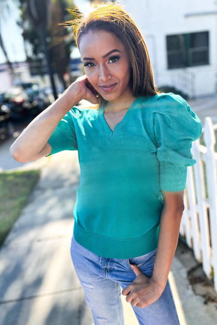 Be Bold Solid Emerald Shirred Puff Sleeve Sweater Top - Nikki &amp; Co. Boutique