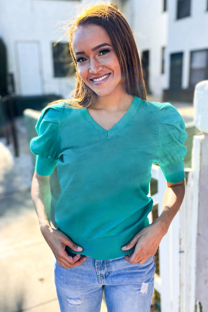Be Bold Solid Emerald Shirred Puff Sleeve Sweater Top - Nikki &amp; Co. Boutique